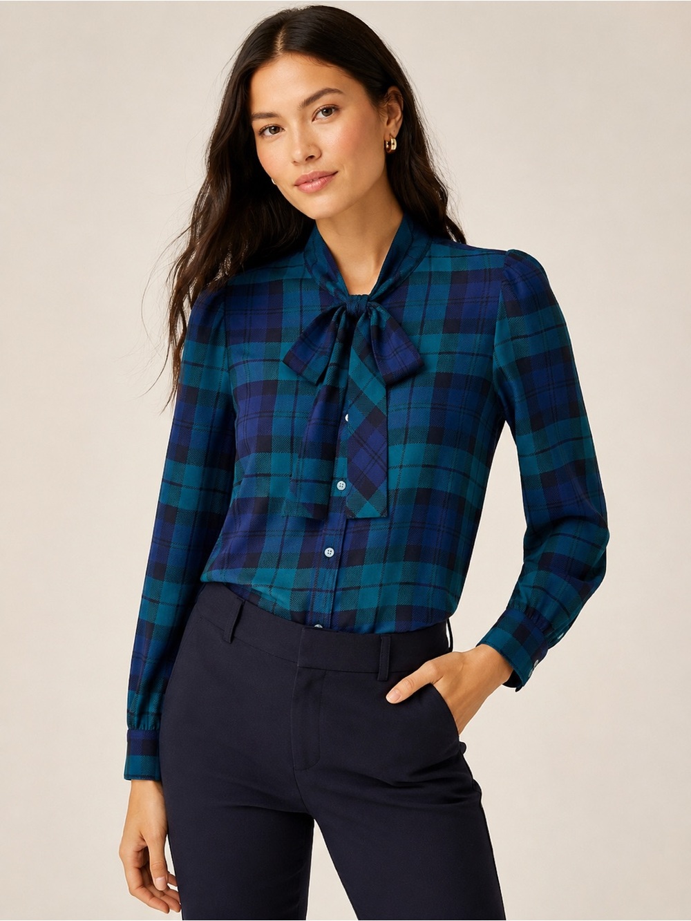 J.Crew Plaid Tie Neck Blouse Petite Small PS Tartan Long Sleeve Preppy